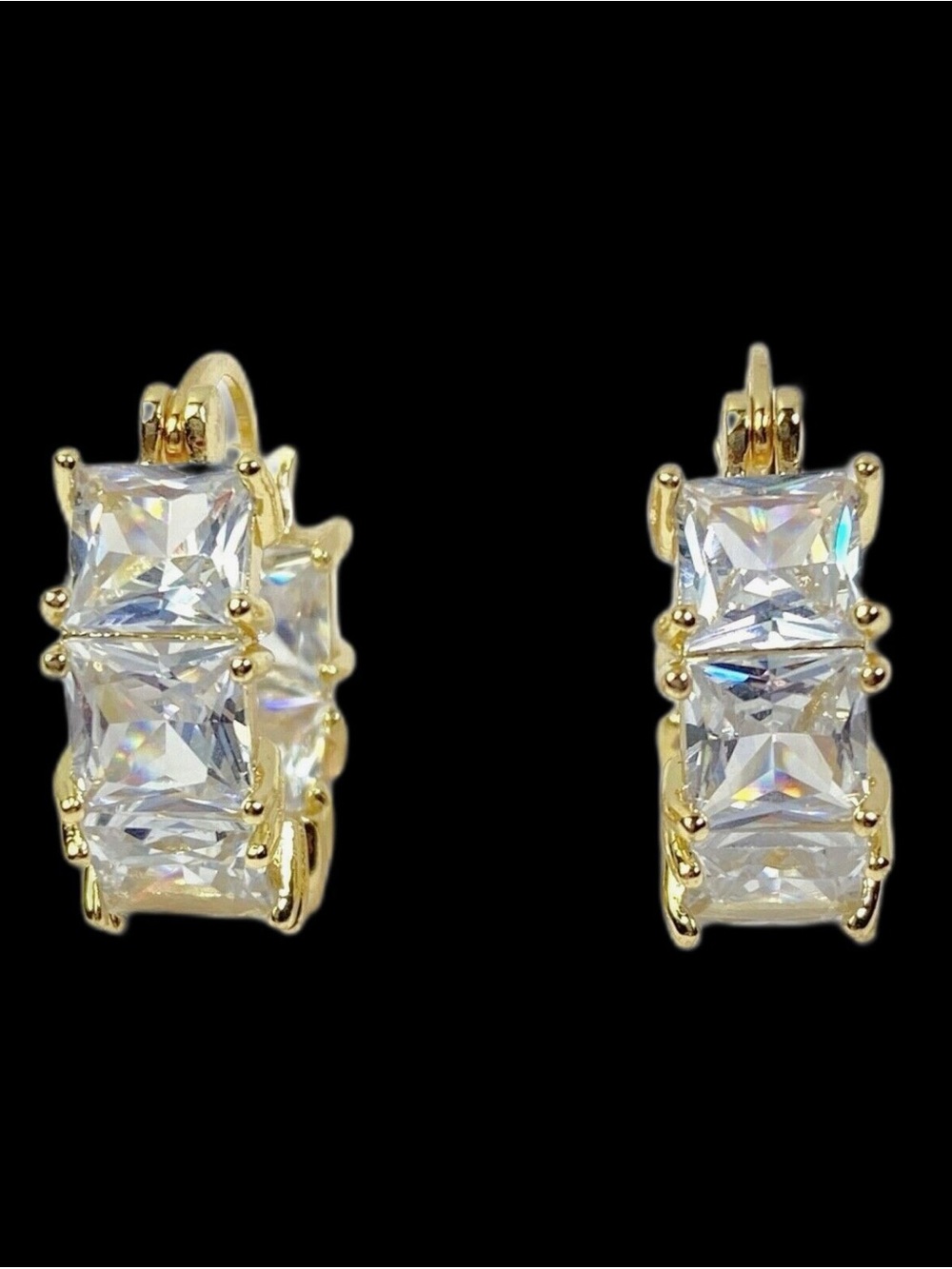 Square Crystal Hoop Earrings Gold Tone Sparkle Evening Retro Elegant Formal